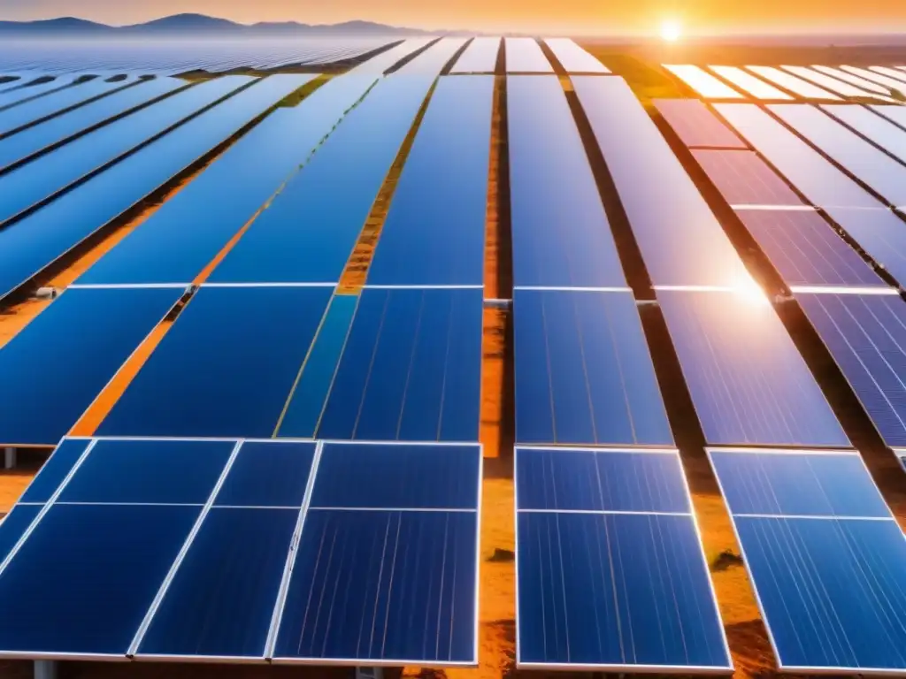 Un campo extenso de paneles solares bajo cielo azul, simbolizando el impacto positivo de la inversión en energías renovables