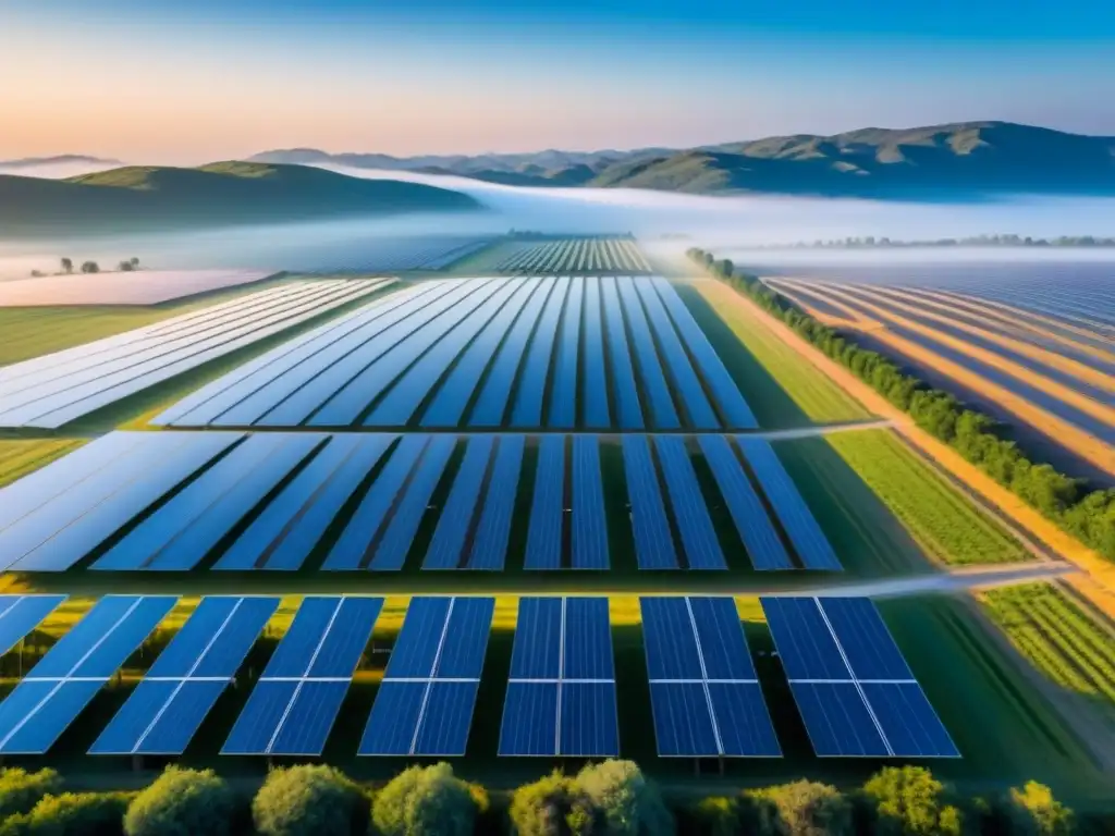 Un campo extenso de paneles solares bajo un cielo azul, reflejando la luz del sol