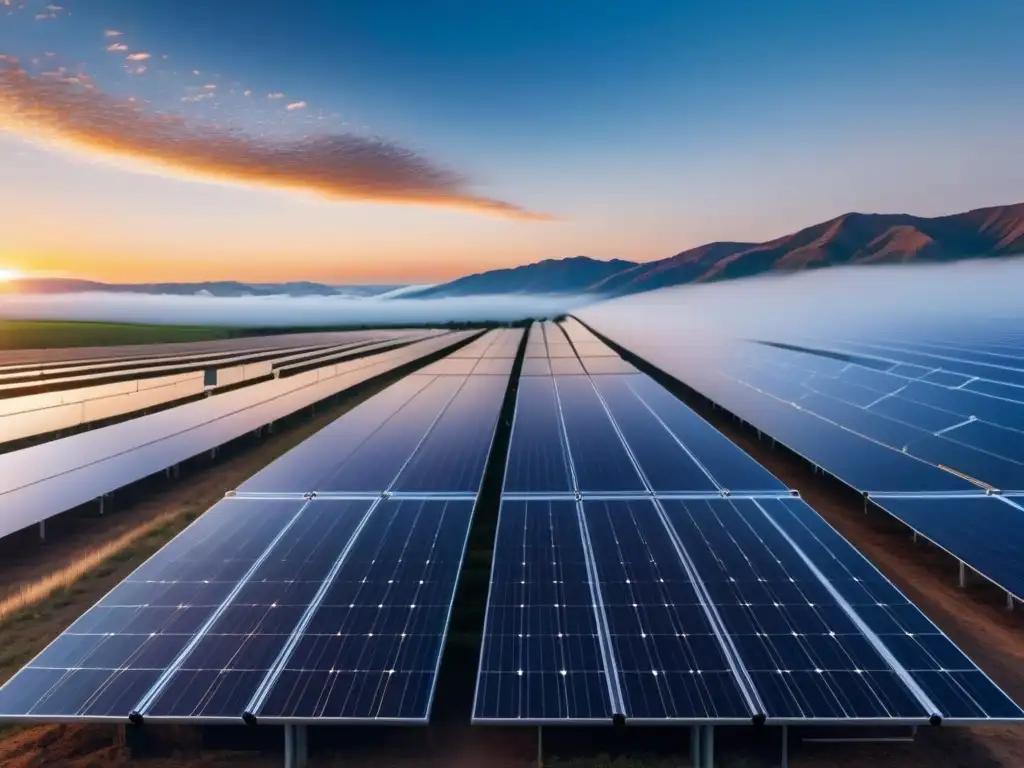 Un campo extenso de paneles solares bajo un cielo azul, reflejando la luz del sol