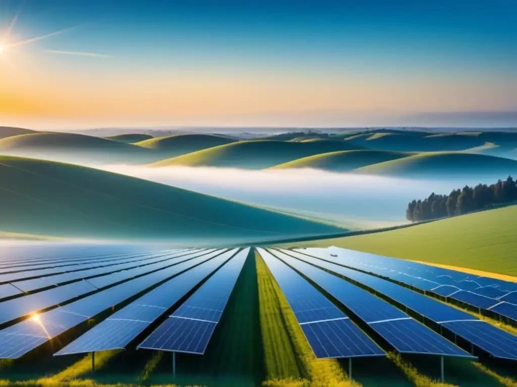 Un campo extenso con paneles solares futuristas brillando bajo el sol, integrados en el paisaje