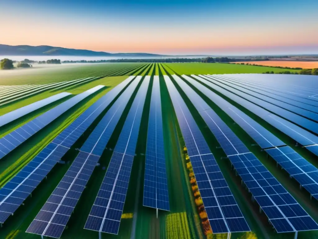 Un campo extenso con paneles solares verdes alineados bajo un cielo azul, simbolizando la integración de energías renovables en el entorno, con impacto ambiental detallados