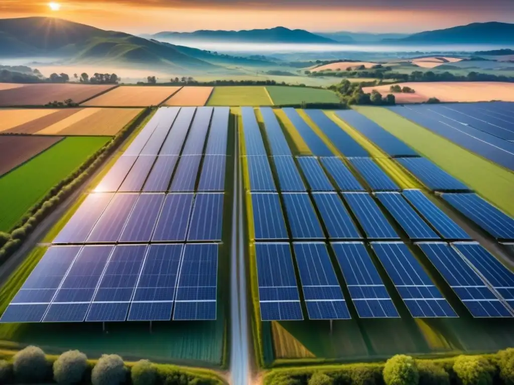 Un campo extenso de paneles solares con el sol poniéndose, impacto socioeconómico energía solar comunidades