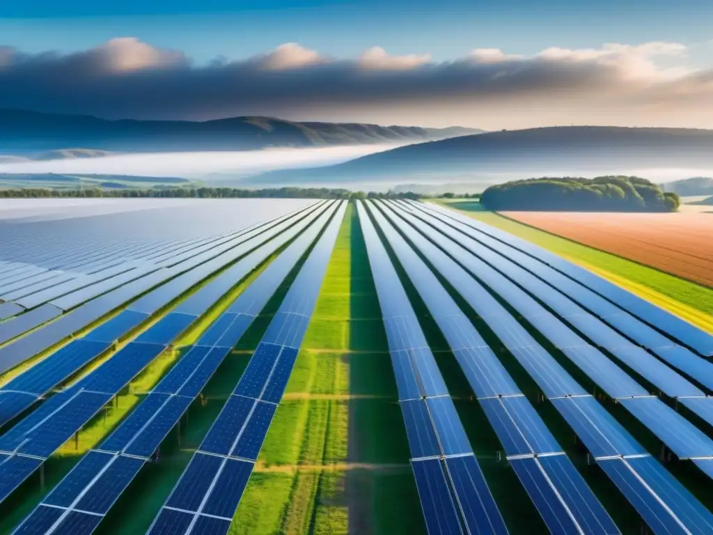 Un campo extenso con paneles solares brillantes bajo un cielo azul, transmitiendo energía renovable y mitigación cambio climático