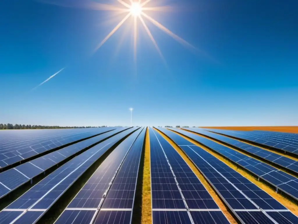 Un campo extenso de paneles solares bajo un cielo azul brillante, reflejando la luz del sol en una sinfonía de destellos