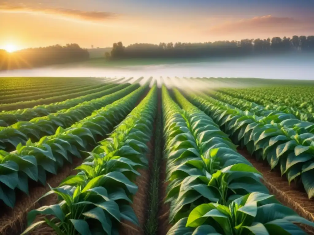 Un campo exuberante bañado por la cálida luz del atardecer, listo para la cosecha