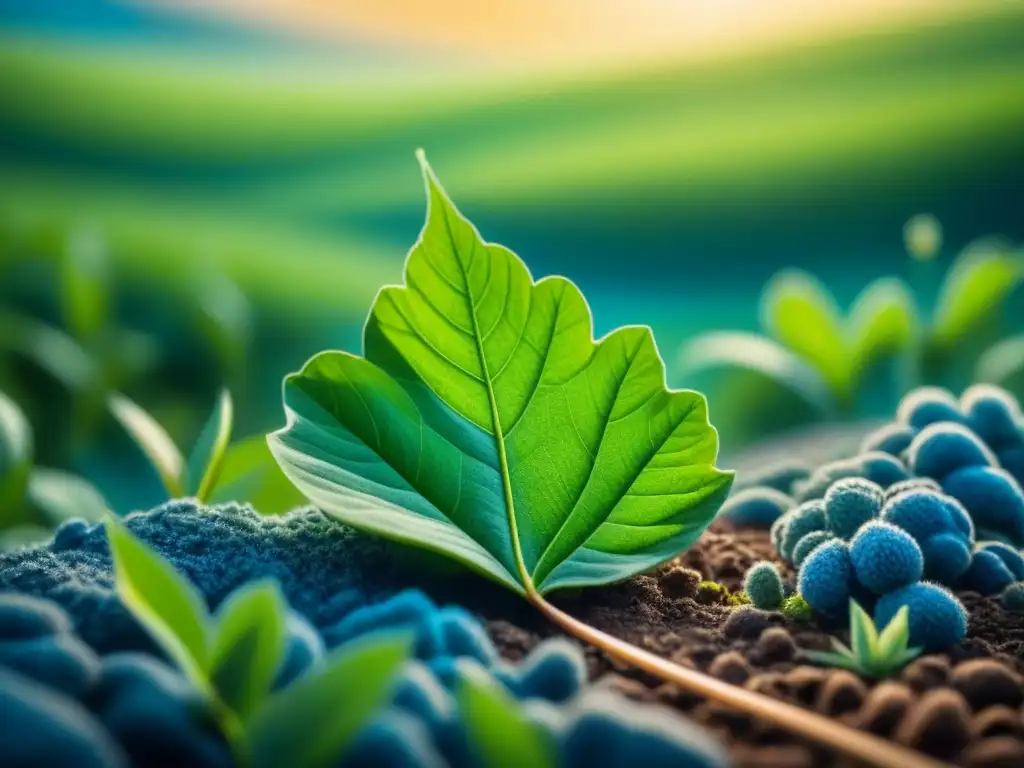 Un campo exuberante bajo el cielo azul, con una hoja verde vibrante y nanoestructuras