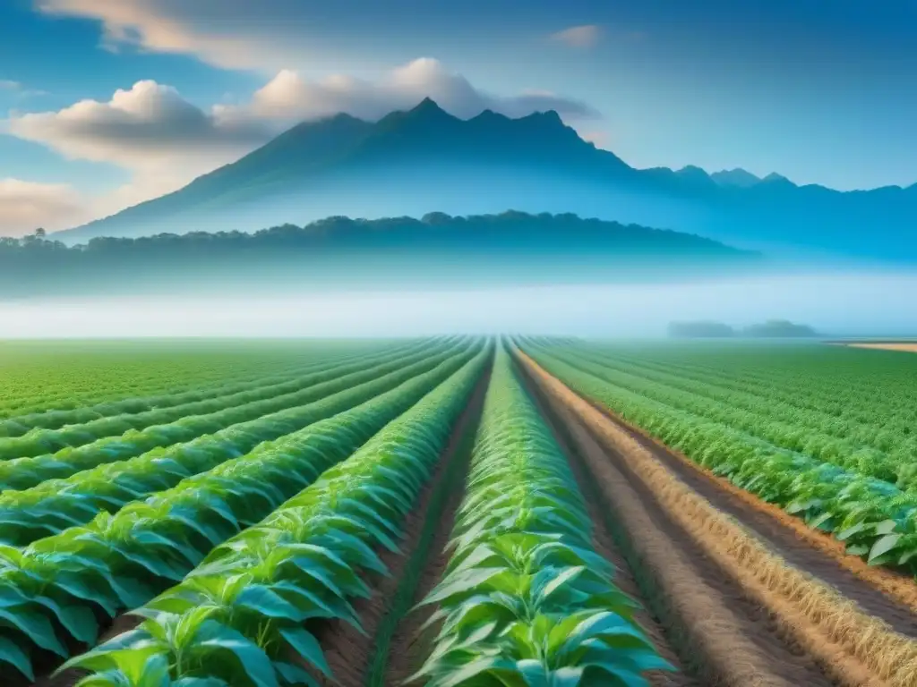 Un campo agrícola exuberante y perfectamente cultivado bajo un cielo azul, transmitiendo armonía en el manejo integrado de plagas sostenible