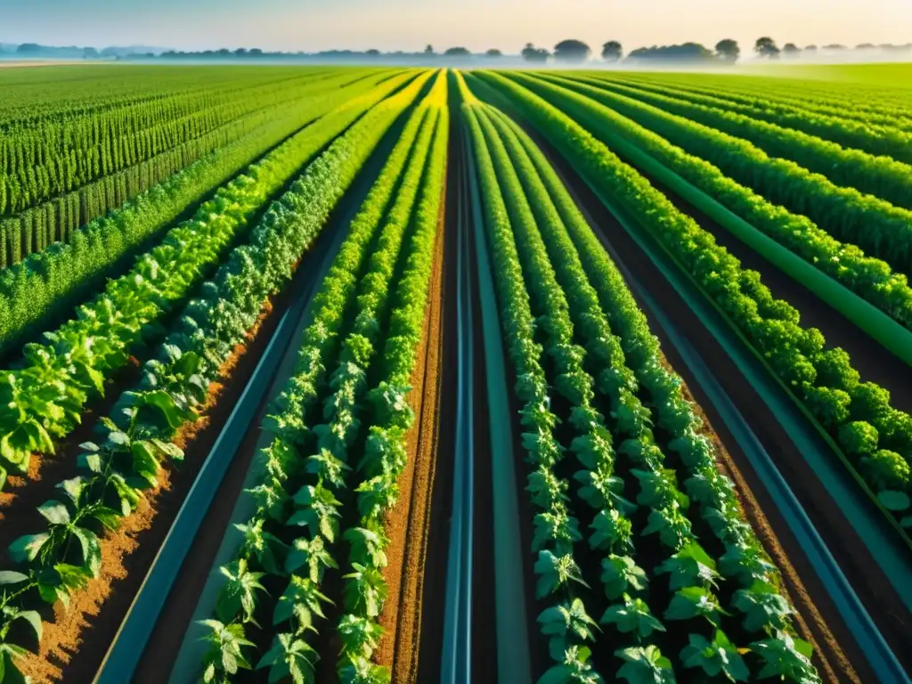 Un campo exuberante de cultivos con precisión, iluminado por el sol