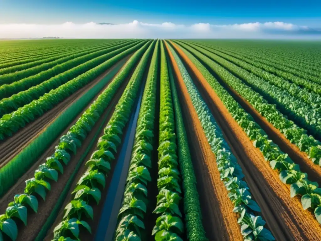 Un campo agrícola exuberante y detallado, con cultivos ordenados y sanos bajo un cielo azul