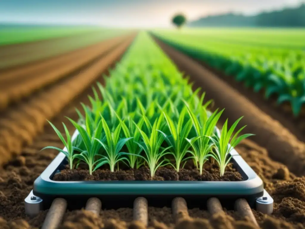 Un campo agrícola exuberante con un moderno arreglo de sensores de suelo, capturando la innovación en el monitoreo de calidad del suelo en agricultura