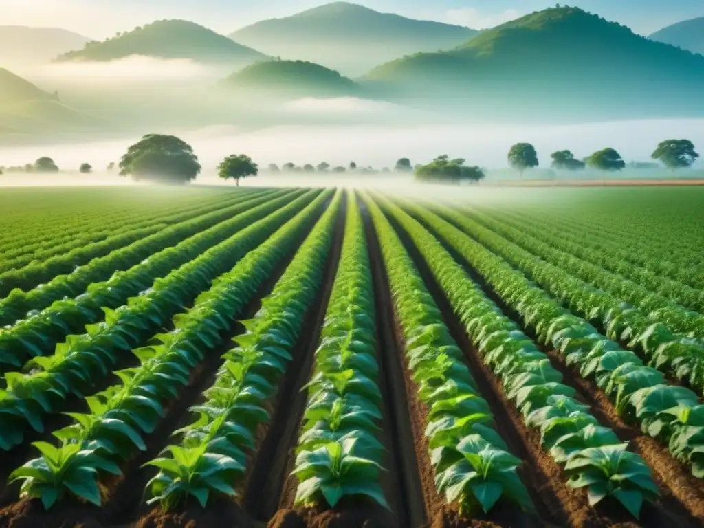 Un campo agrícola exuberante y organizado, con diferentes cultivos en crecimiento