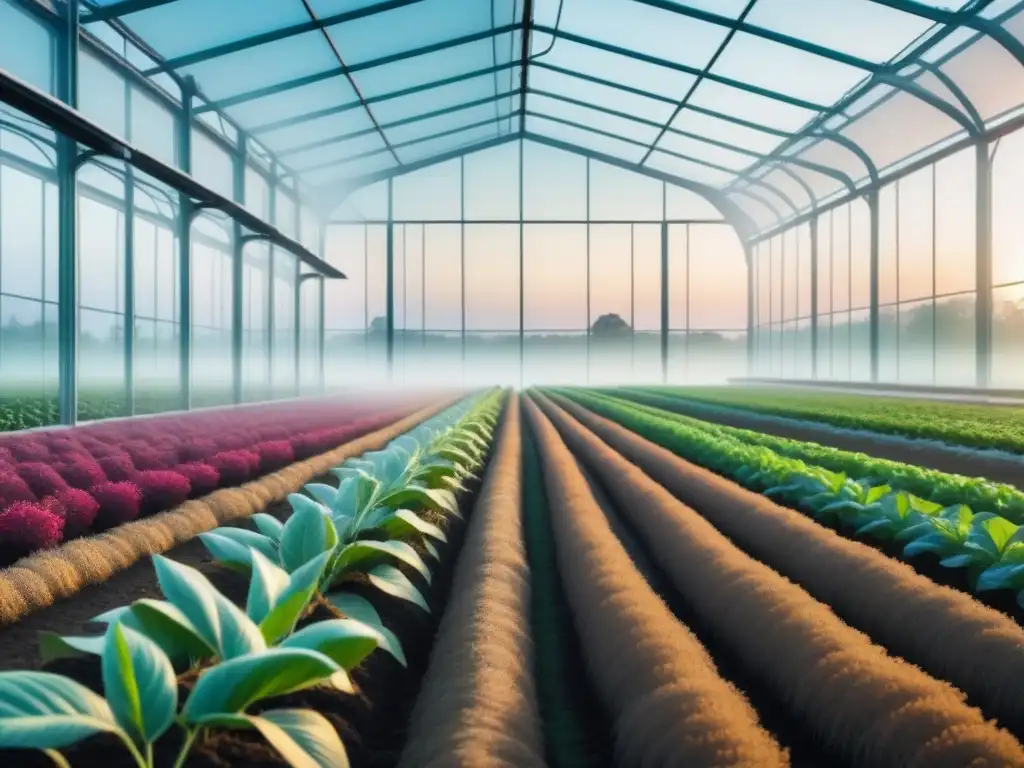 Un campo agrícola futurista con avances biotecnológicos en agricultura sostenible