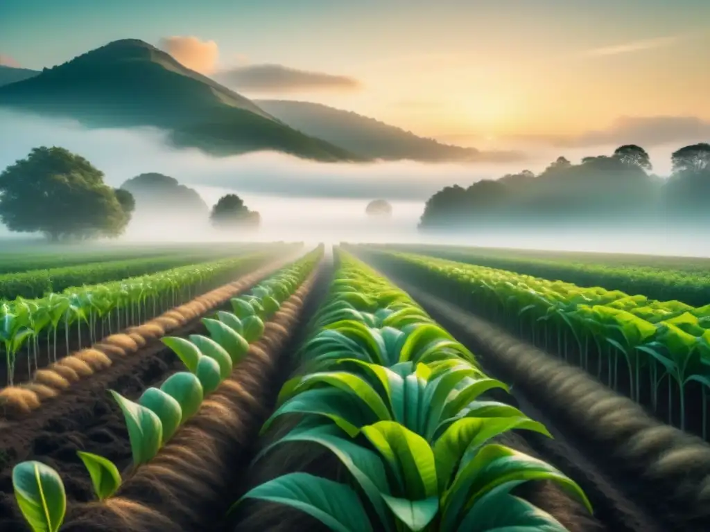 Un campo futurista con avances CRISPR en la agroindustria, donde las plantas prosperan bajo cuidado científico