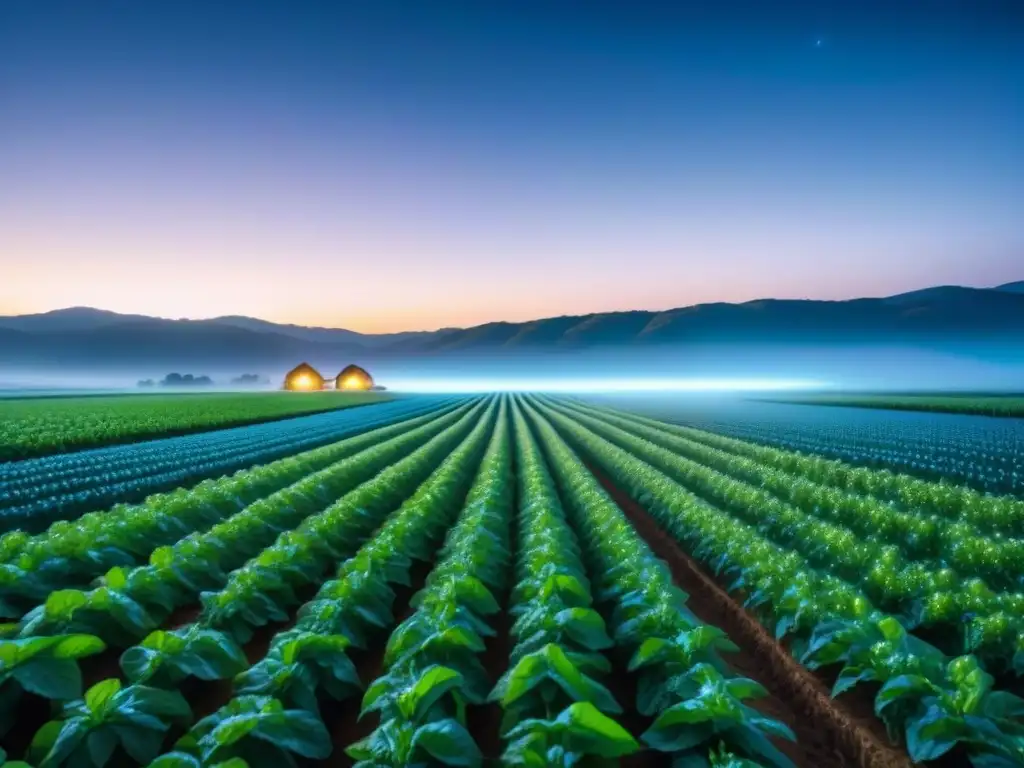 Campo agrícola futurista con cultivos bioluminiscentes, fusionando tecnología y naturaleza en la agricultura sostenible