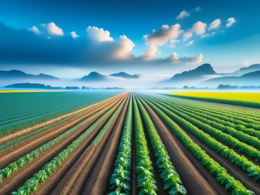 Un campo agrícola futurista con cultivos bajo un cielo azul, integrando la Inteligencia Artificial en Predicción Meteorológica