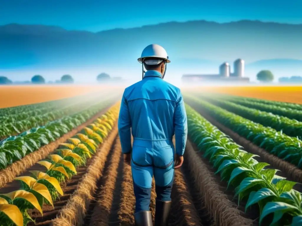 Campo agrícola futurista con cultivos modificados genéticamente bajo cielo azul, reflejando avances CRISPR en la agroindustria