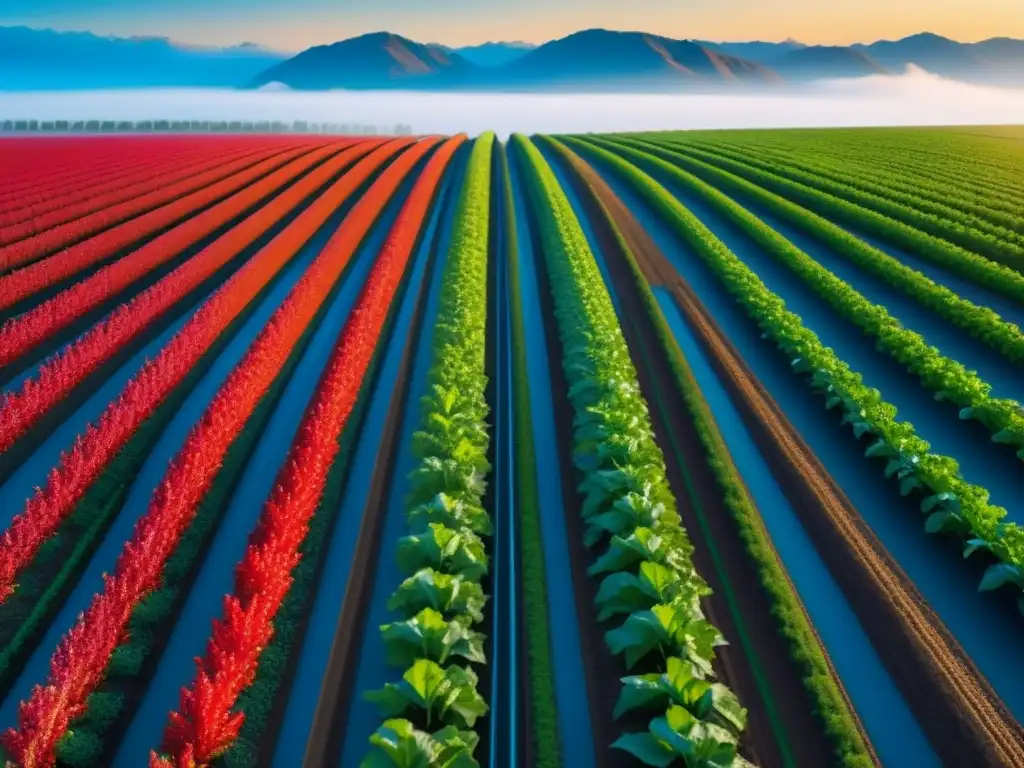 Un campo agrícola futurista con cultivos vibrantes y nanotecnología en la agricultura sostenible