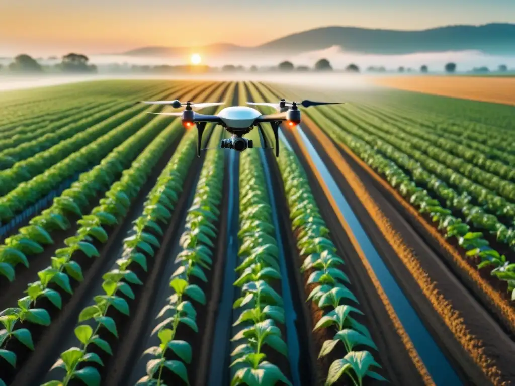 Un campo agrícola futurista al amanecer con tecnología integrada