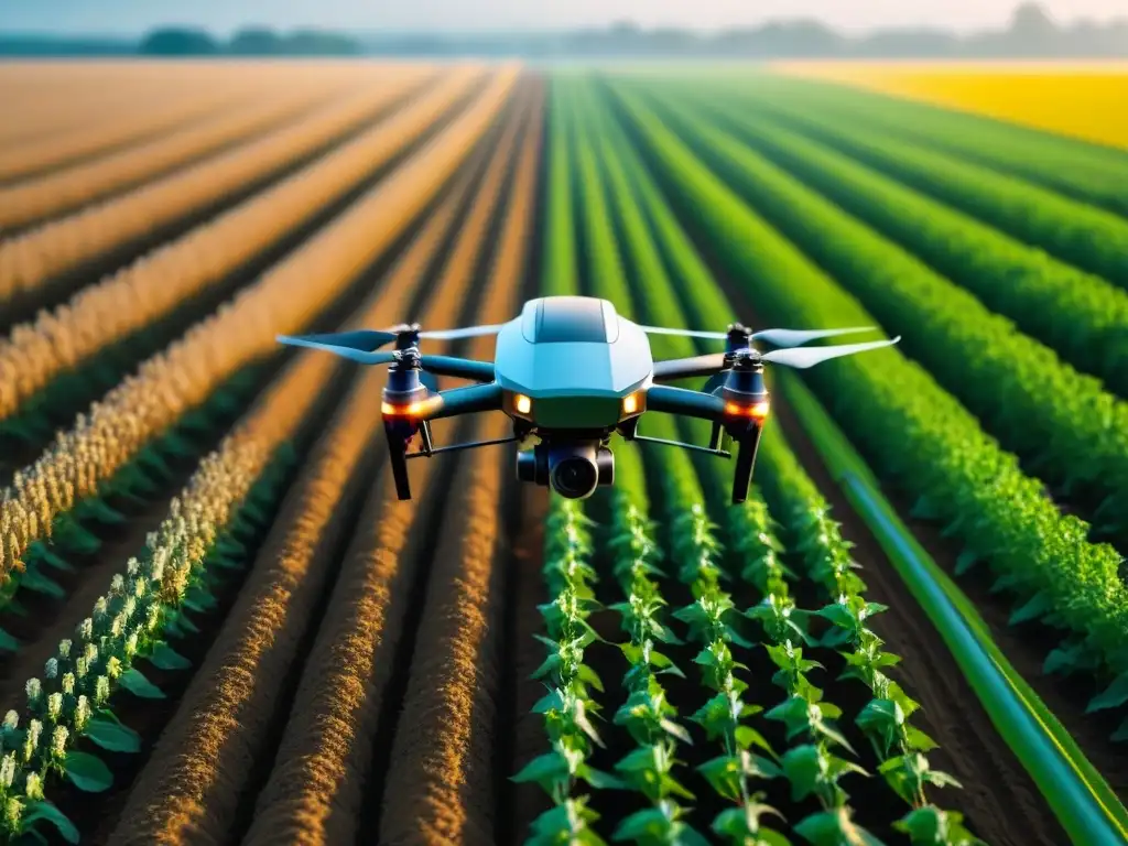 Un campo agrícola futurista con tecnología de precisión y Big Data en agricultura de precisión