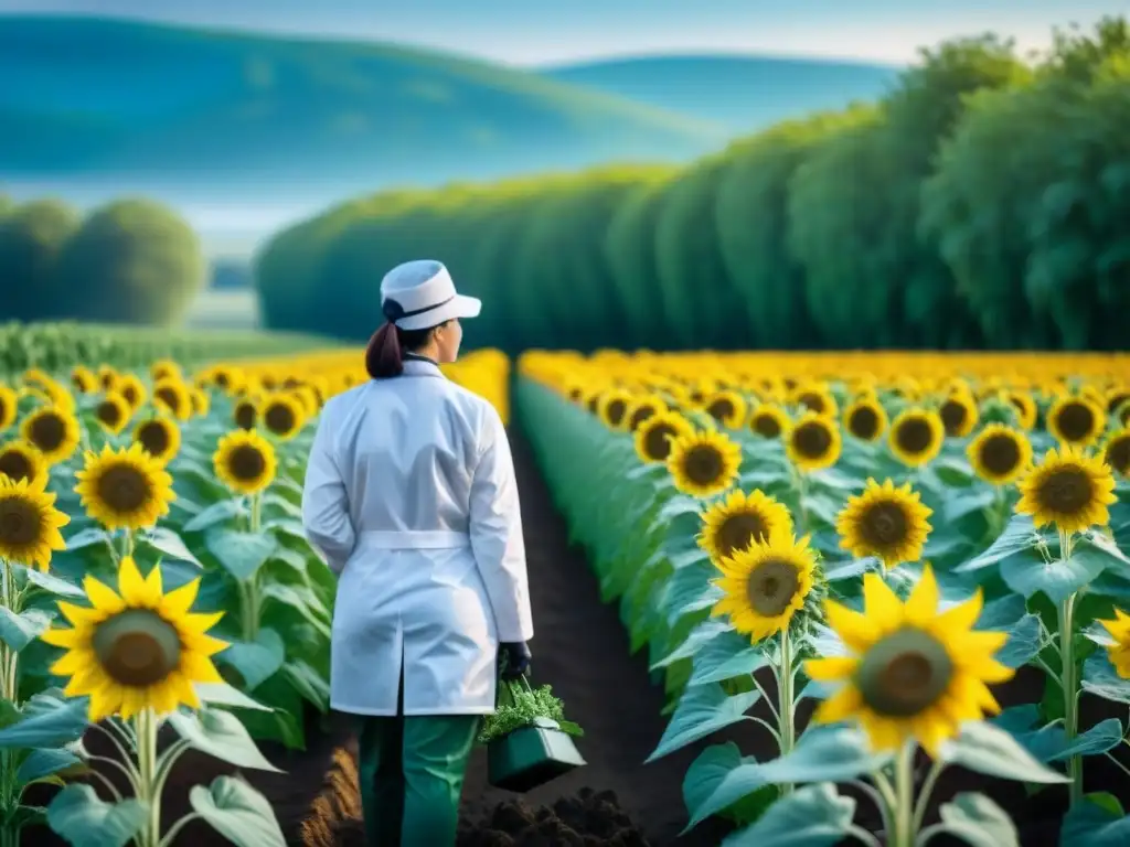 Campo de girasoles con científicos en trajes blancos examinando suelo y plantas