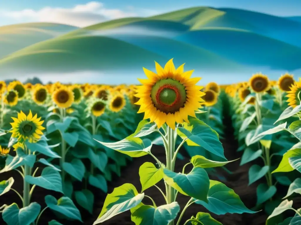 Un campo de girasoles vibrantes bajo el cielo azul, ejemplificando la fitoremediación de contaminantes químicos mediante plantas