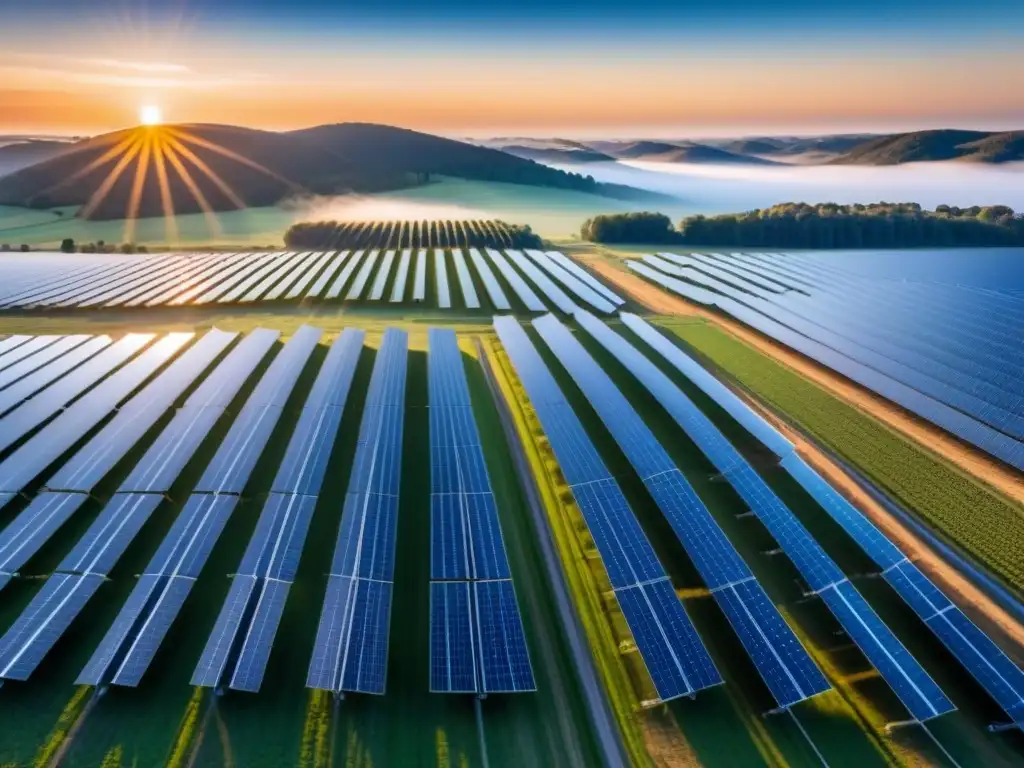 Un campo lleno de paneles solares brillantes bajo el sol, reflejando la innovación de las energías renovables y la reducción de la huella ecológica