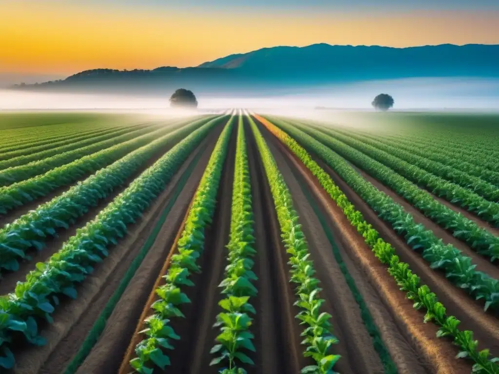 Un campo agrícola moderno al amanecer, con cultivos en hileras bajo una luz dorada