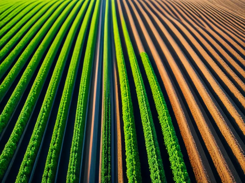 Un campo agrícola moderno lleno de cultivos, monitoreado por avanzados sensores