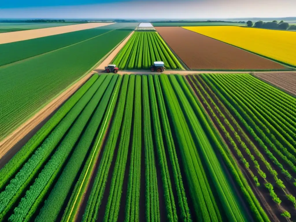 Un campo agrícola moderno y vasto, organizado con precisión, fusionando la agricultura tradicional con Big Data