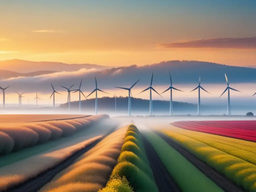 Amanecer sobre campo de molinos de viento, simbolizando el futuro prometedor de la regulación de energía renovable