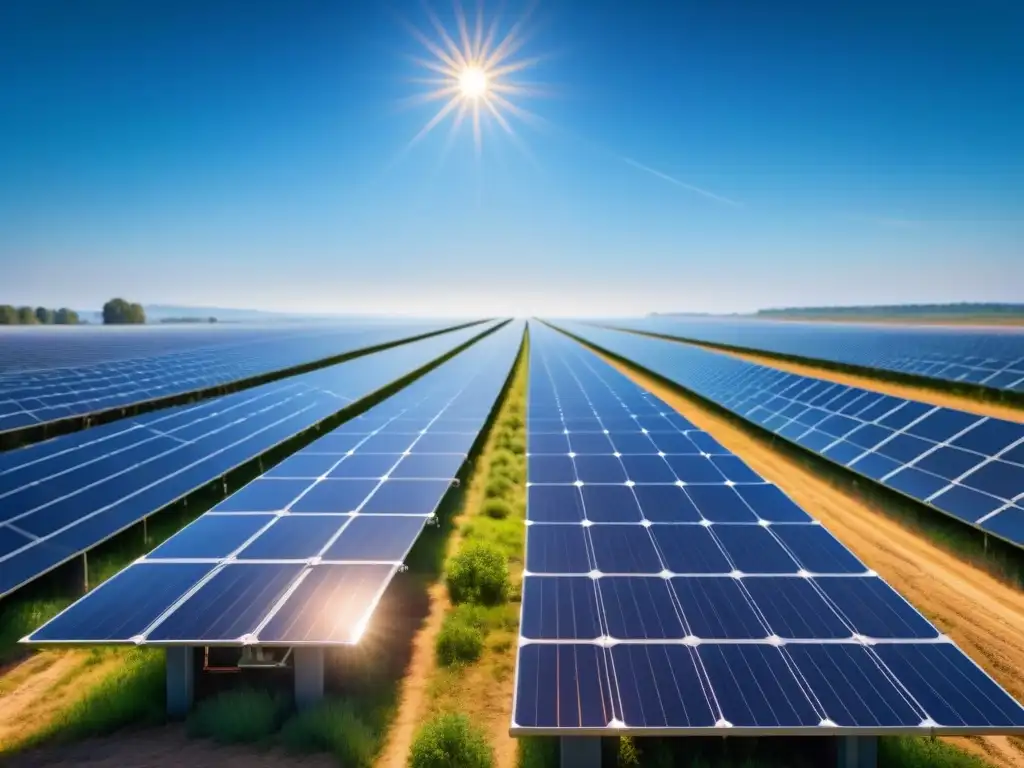 Un campo de paneles solares alineados bajo un cielo azul, reflejando la luz del sol en un patrón hipnótico