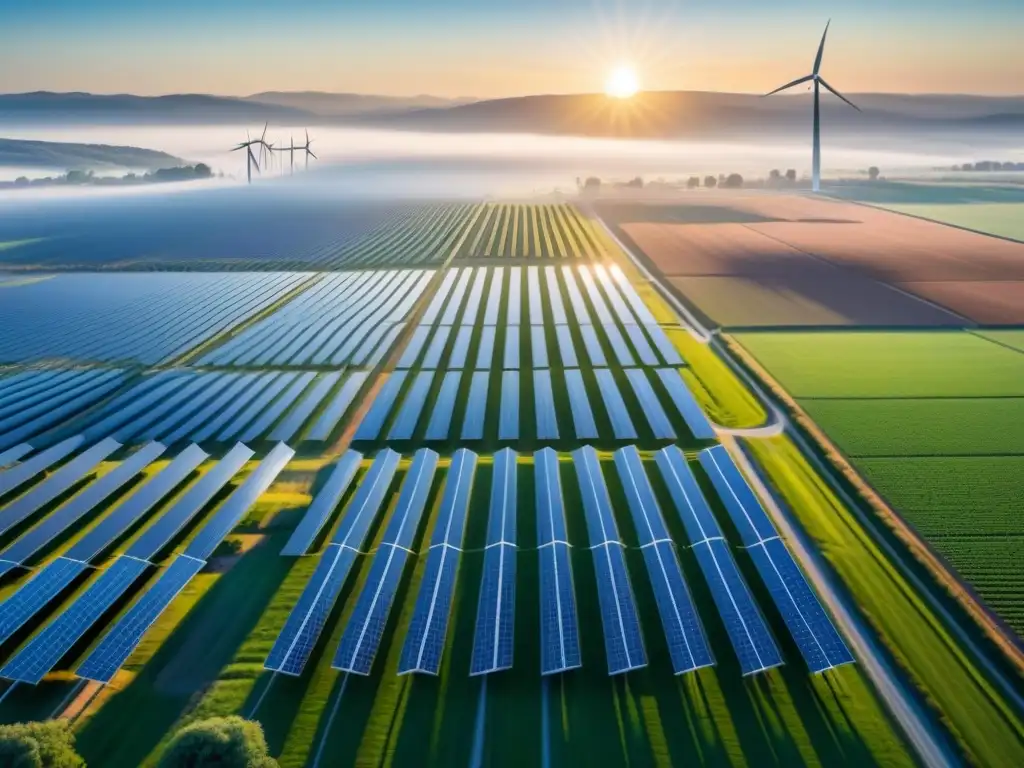 Un campo de paneles solares brillantes bajo un cielo azul, con un aerogenerador al fondo