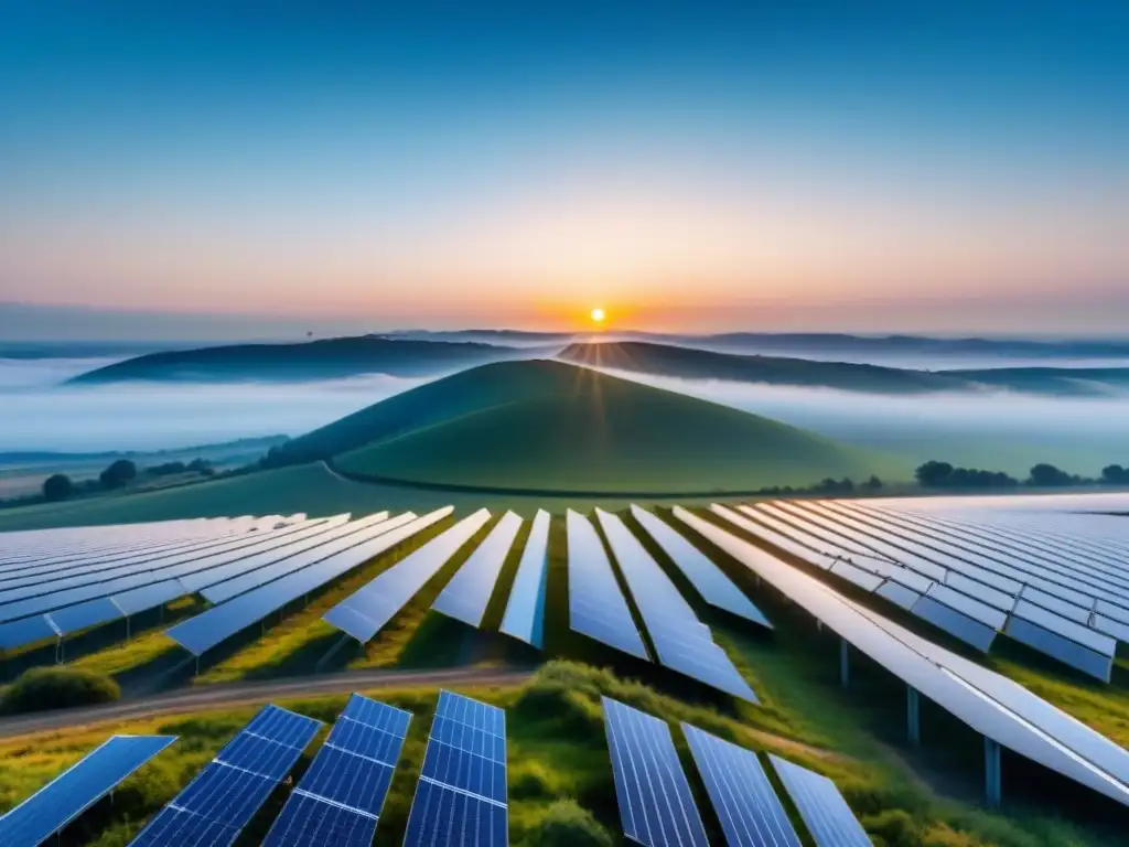 Campo de paneles solares brillantes bajo cielo azul, simbolizando casos de éxito en transición energética impacto