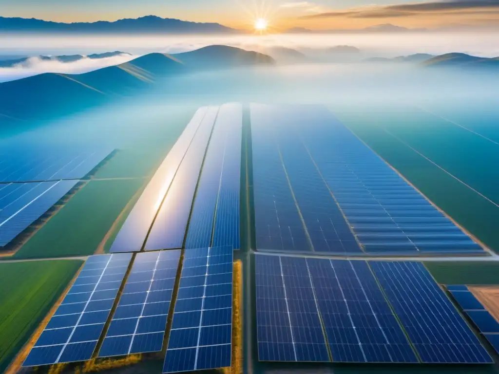 Un campo de paneles solares bajo un cielo azul, reflejando la luz del sol