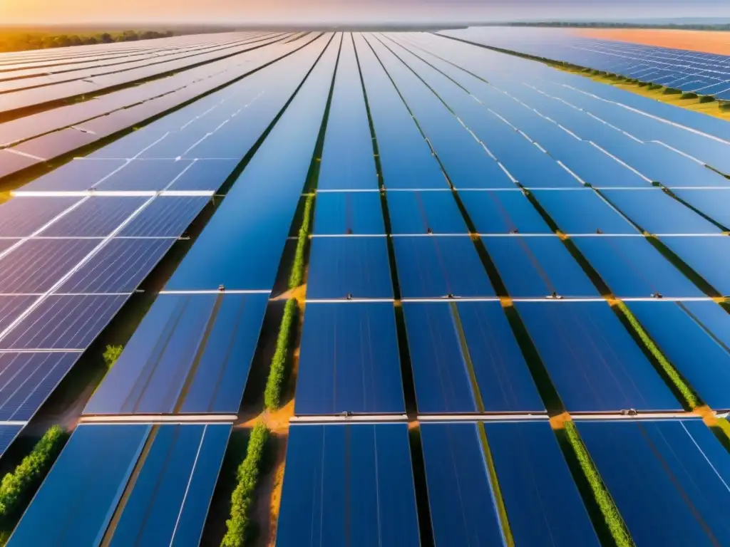 Un campo de paneles solares extenso y detallado, bajo un cielo azul claro