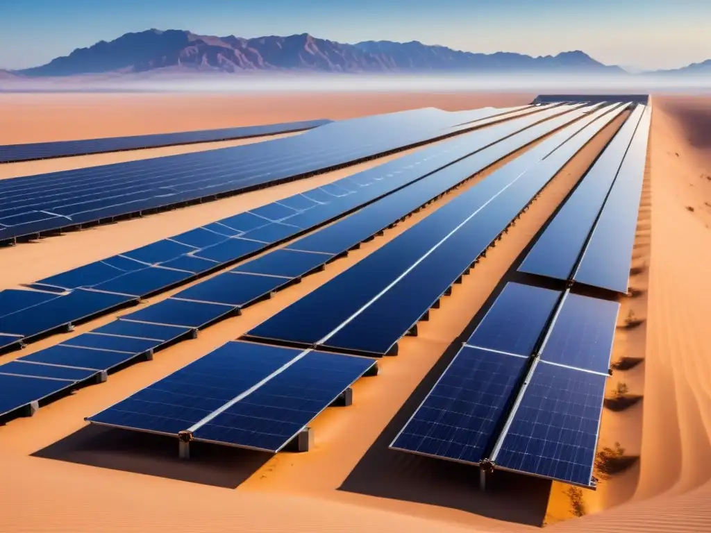 Un campo de paneles solares futuristas en un desierto, reflejando la luz del sol