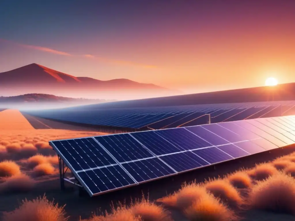 Un campo de paneles solares futuristas reflejando el atardecer dorado