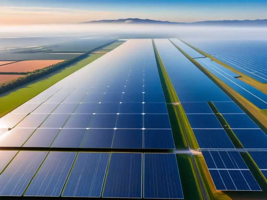 Un campo de paneles solares se extiende hacia el horizonte, reflejándose en el agua, simbolizando la integración armoniosa de energías renovables en el entorno