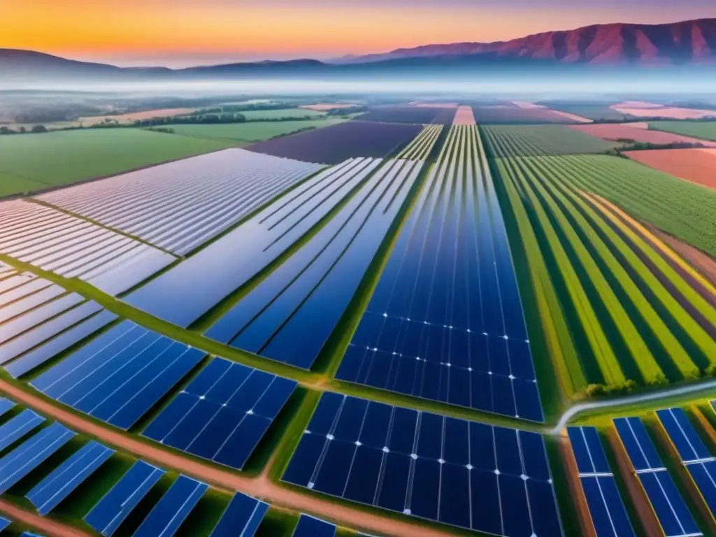 Un campo de paneles solares reflejando la luz del sol bajo un cielo azul claro, simbolizando casos de éxito en transición energética