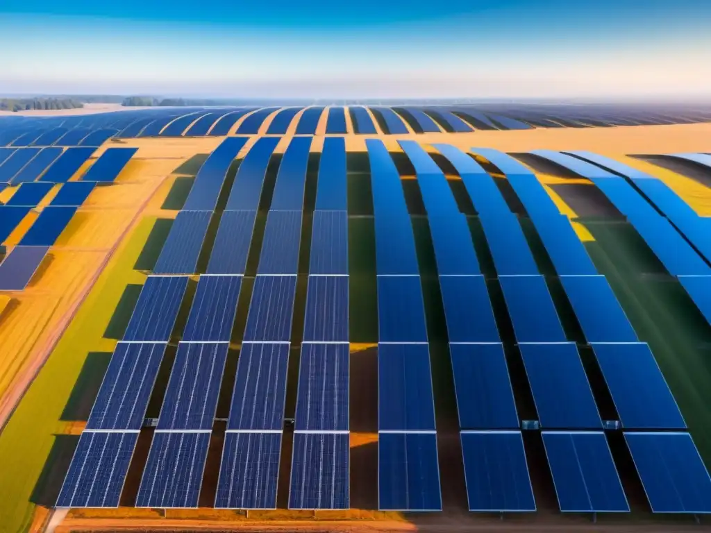 Un campo con paneles solares modernos reflejando la luz del sol, simbolizando el impacto de las energías renovables en la desigualdad económica