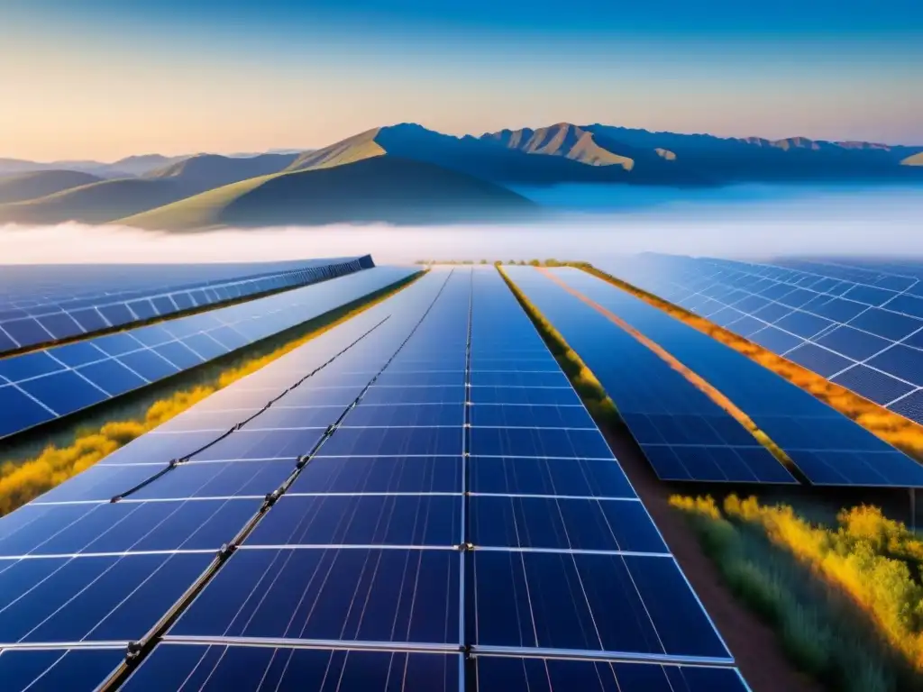 Un campo de paneles solares bajo el sol, reflejando la luz en una sinfonía de energía sostenible