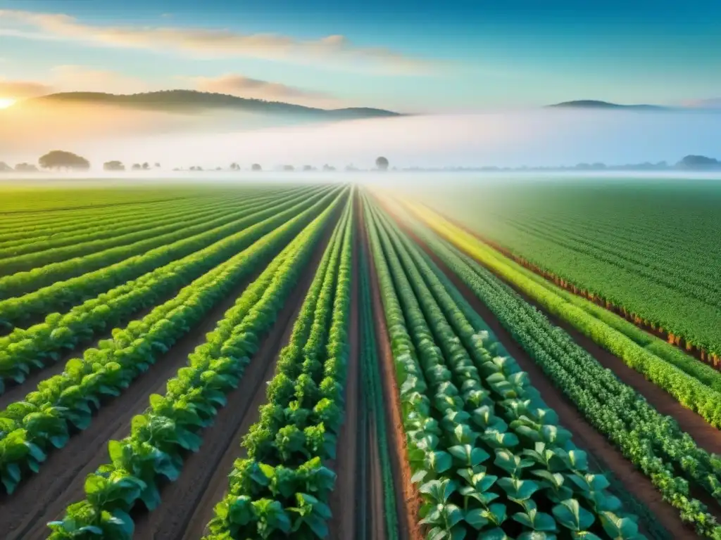 Un campo agrícola de precisión al amanecer con sensores fotónicos