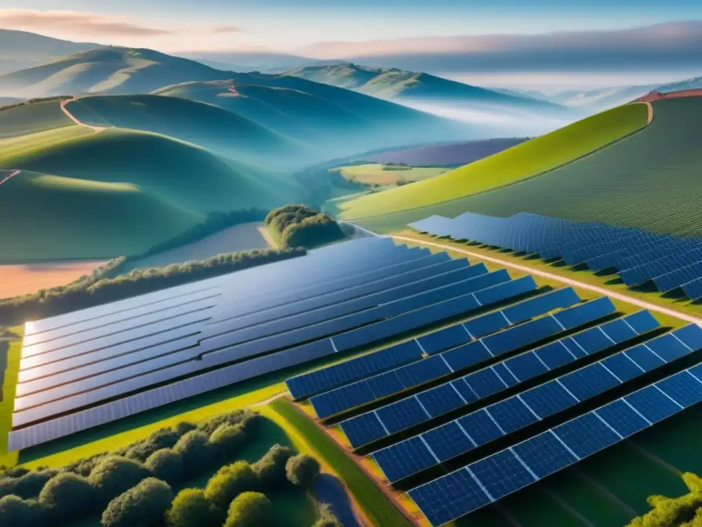 Un campo solar extenso y detallado, reflejando la luz del sol sobre colinas