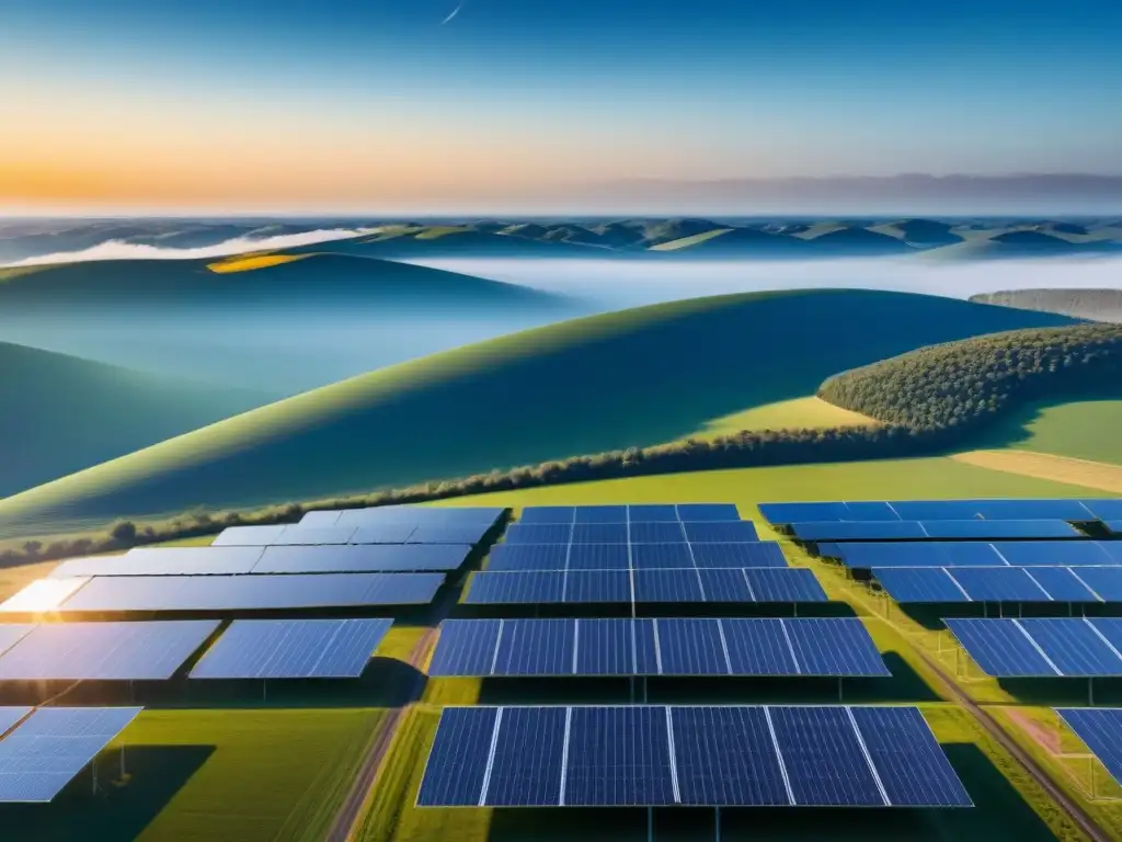 Un campo solar extenso bajo el sol brillante del cielo azul, reflejando luz