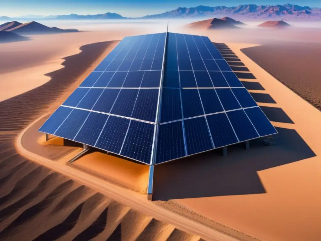 Un campo solar futurista en el desierto, reflejando la luz del sol en patrones geométricos