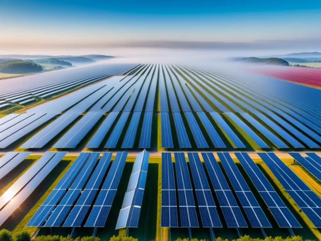 Un campo solar impresionante y simétrico bajo el cielo azul, reflejando el uso de aplicaciones láser en energías renovables