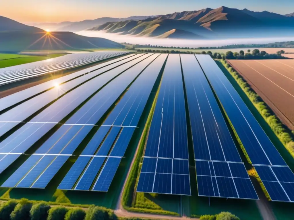 Un campo solar moderno y eficiente reflejando el sol en un paisaje abierto