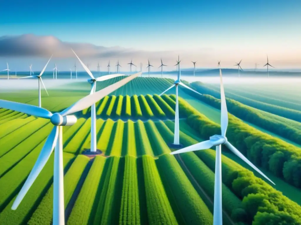 Un campo soleado con molinos de viento verdes vibrantes, transmitiendo energía renovable y armonía con la naturaleza