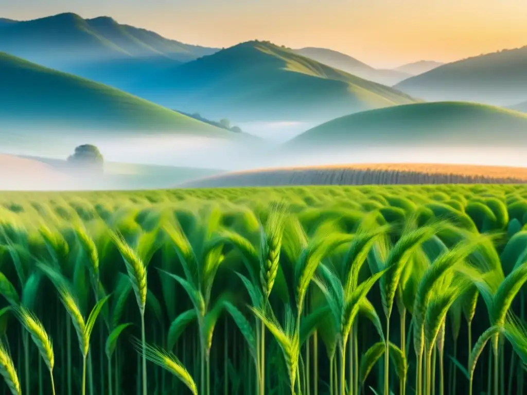 Campo de trigo dorado ondeando bajo el cielo azul, evocando armonía con la naturaleza