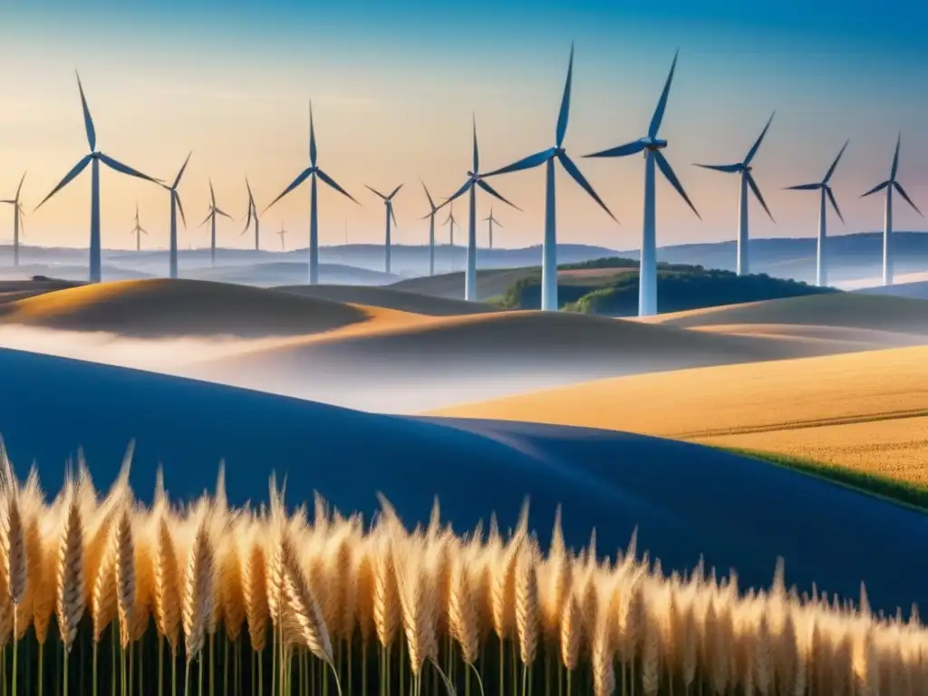 Un campo de trigo dorado con molinos de viento elegantes girando al fondo, iluminado por el sol